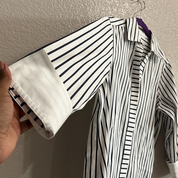 Fox Croft NYC Blue White Striped 3/4 Sleeve Button Down Blouse Non Iron - Picture 3 of 8